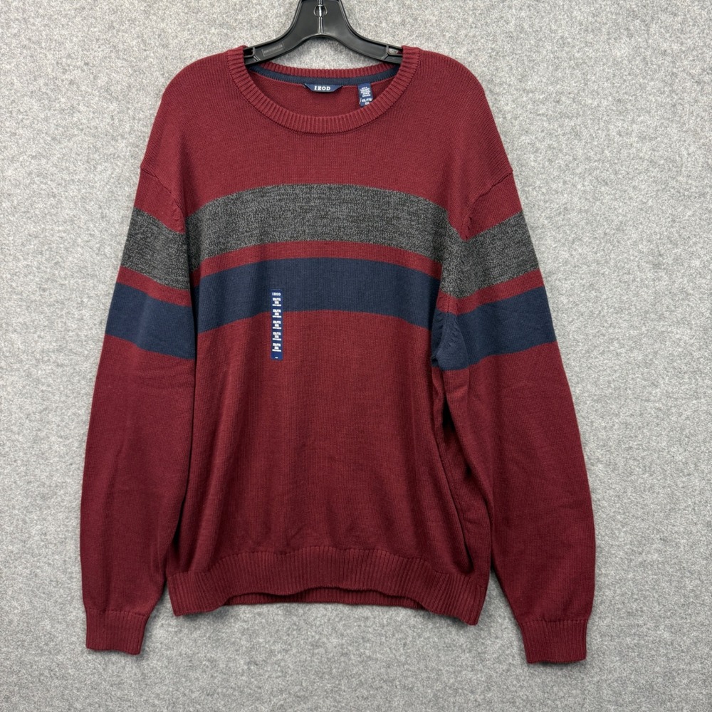IZOD Mens Woods Cove Chest Stripe Sweater Velvet Maroon 2XL 45IZFGF50R604‎ NEW